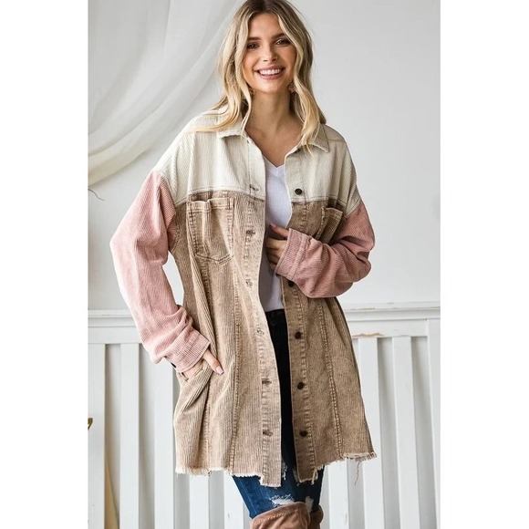 Oli & Hali Jackets & Blazers - Oli & Hali Corduroy Colorblock Distressed Shacket‎ S Boho Oversized Jacket